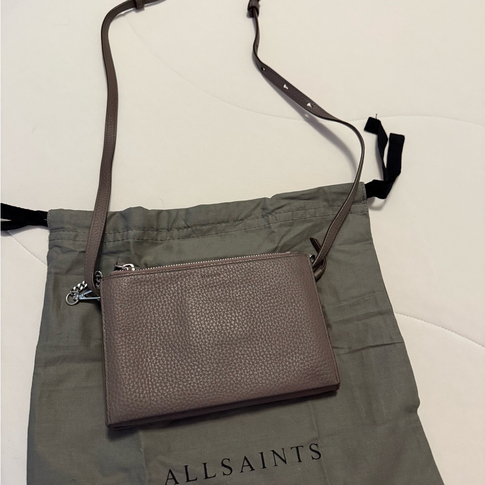 AllSaints Greige Brown Crossbody Wallet on Chain Bag